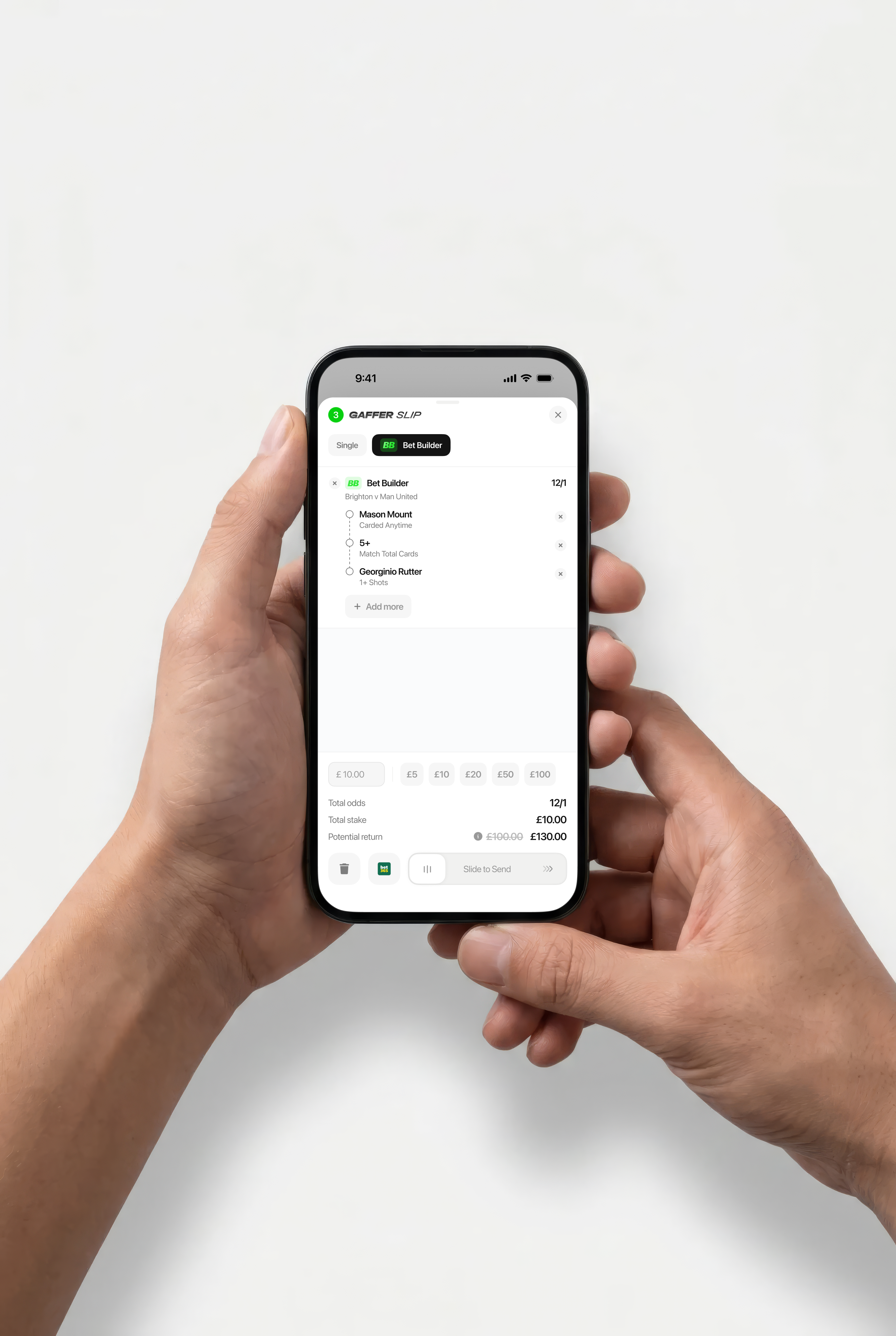 Hand holding a phone showing the GAFFER bet slip